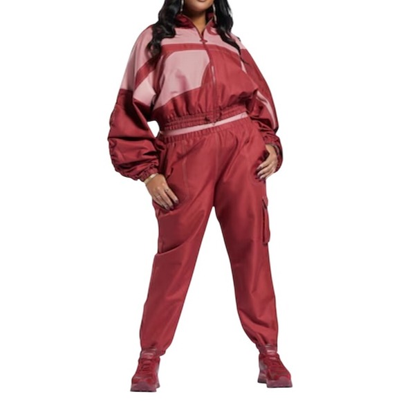 Reebok x Cardi B Tracksuit Windbreaker Set Maroon Pink Plus Size 1X Crop Jogger - Picture 1 of 15